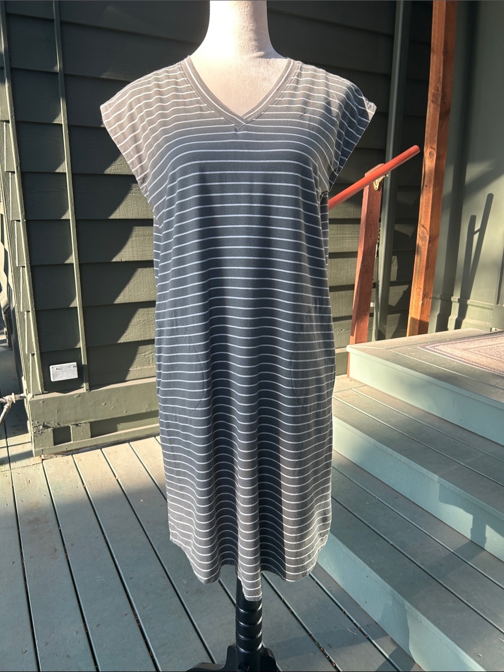 Striped V-Neck T-Shirt  Dress in Green & White